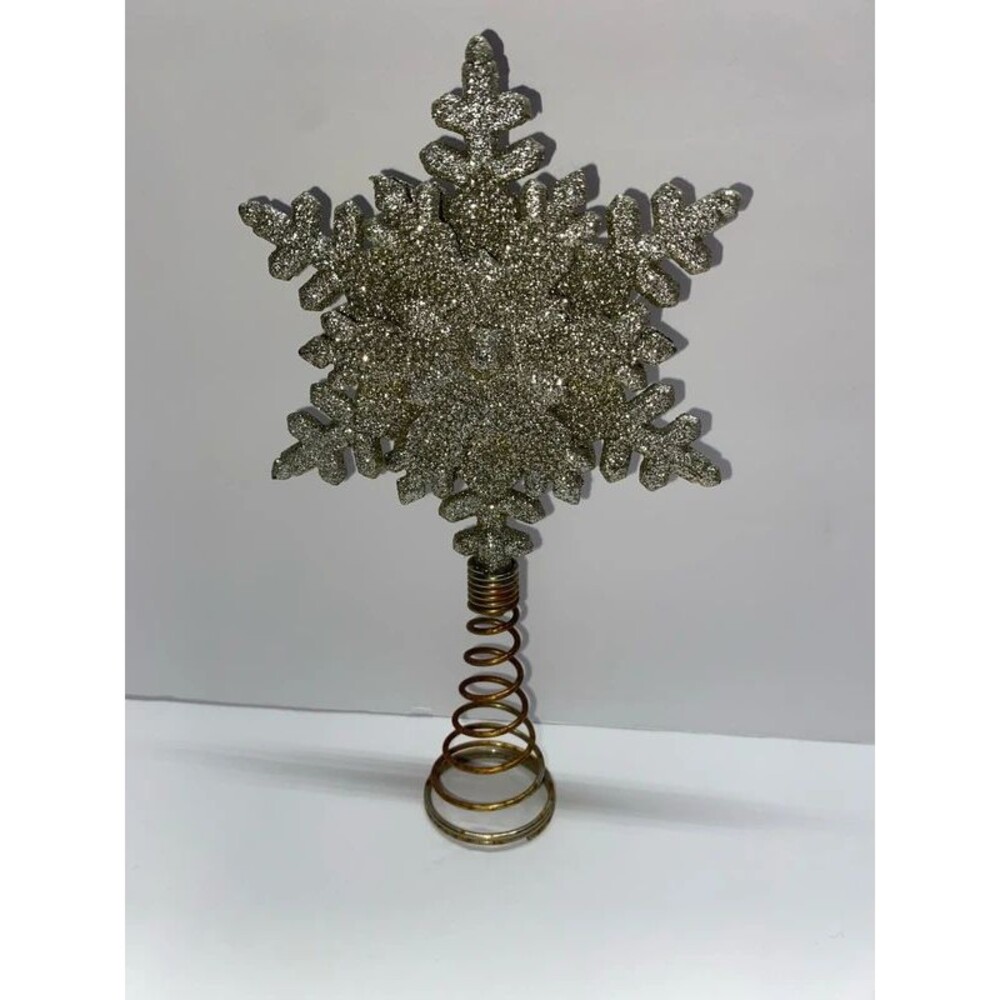 ^ Vintage Silver Glitter Snowflake Christmas Tree Topper 8” Holiday Decor